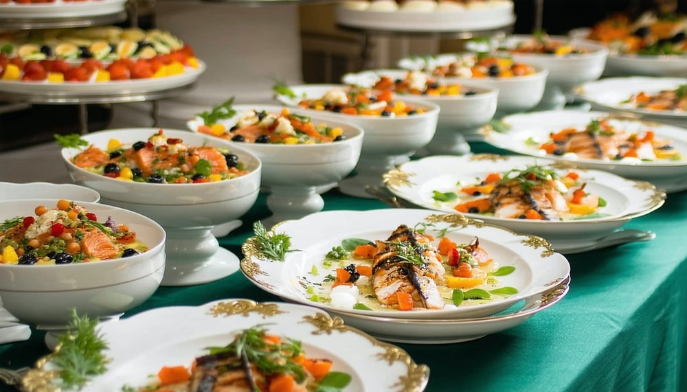 Beautifully arranged catered dishes at an event Beautifully arranged catered dishes at an event