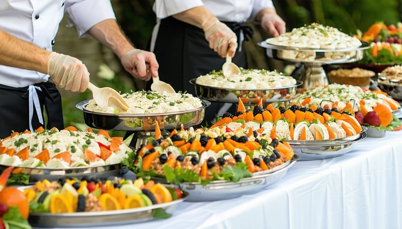 Living Branch Catering team preparing a beautifully arranged buffet table. Living Branch Catering team preparing a beautifully arranged buffet table.