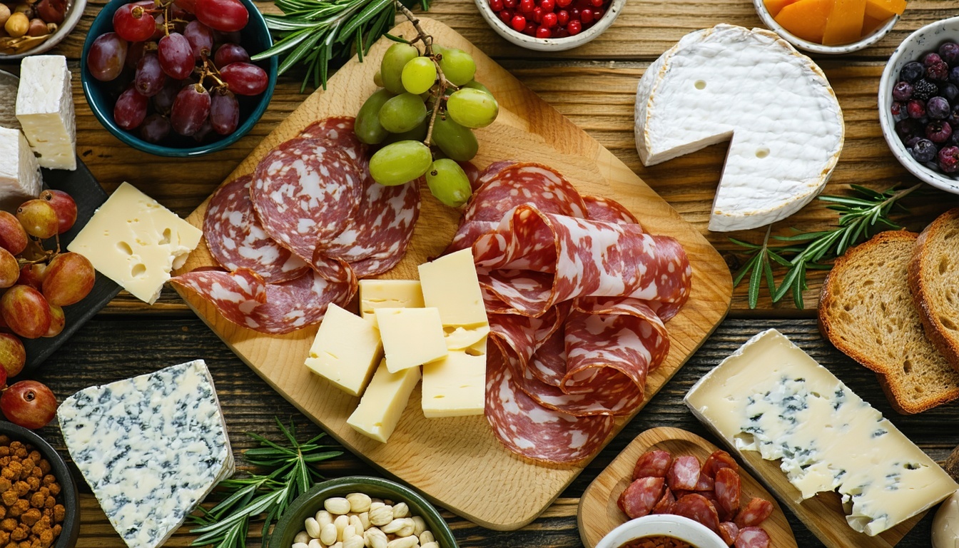 Beautifully arranged grazing table with local cheeses and charcuterie