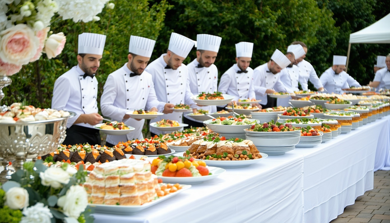 Professional catering staff serving at a wedding